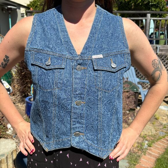 Vintage Guess by Georges Marciano crop denim vest paisley pattern - Picture 1 of 6